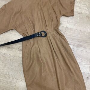 Kenar Linen Tan Dress with Black Belt